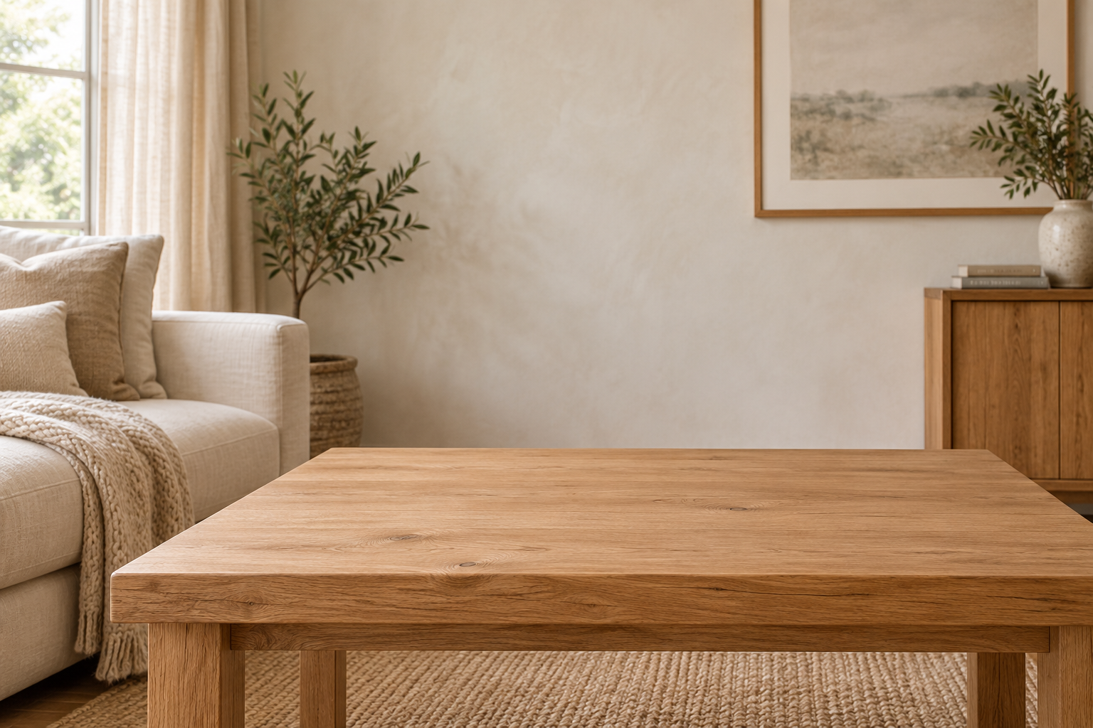 AI room: warm oak table beside a linen sofa